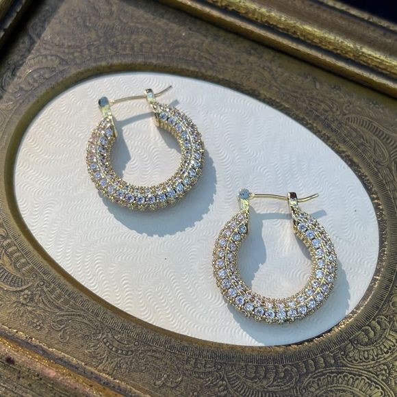 18K GOLD PLATED MICRO PAVÉ CZ ENCRUSTED HOOP LOOP EARRINGS SPARKLY SPARKLE NWT - Picture 10 of 16